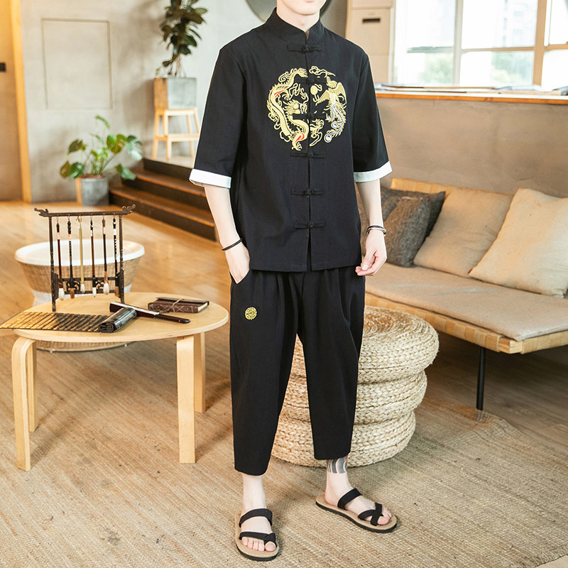 A1040*咖啡厅中国风2021夏款龙凤刺绣短袖T恤+七分裤套装P100,男装休闲套装,钱塘7008(原4008)