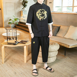 A1040*咖啡厅中国风2021夏款龙凤刺绣短袖T恤+七分裤套装P100，男装休闲套装，钱塘7008(原4008)