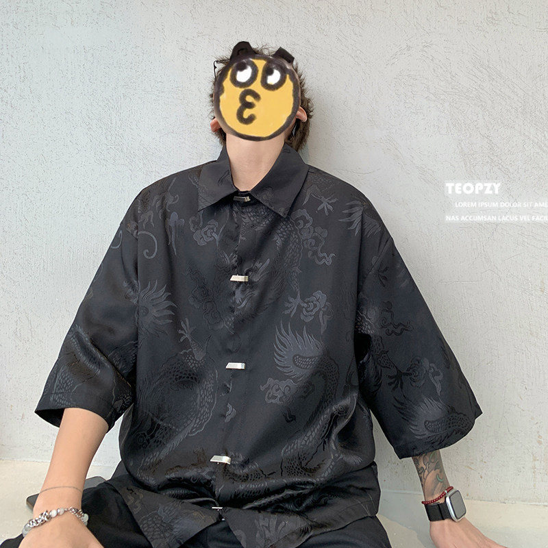 2026港风新中式龙纹提花金属对扣中性款短袖衬衫A663*P58,男装T恤,钱塘7008(原4008)
