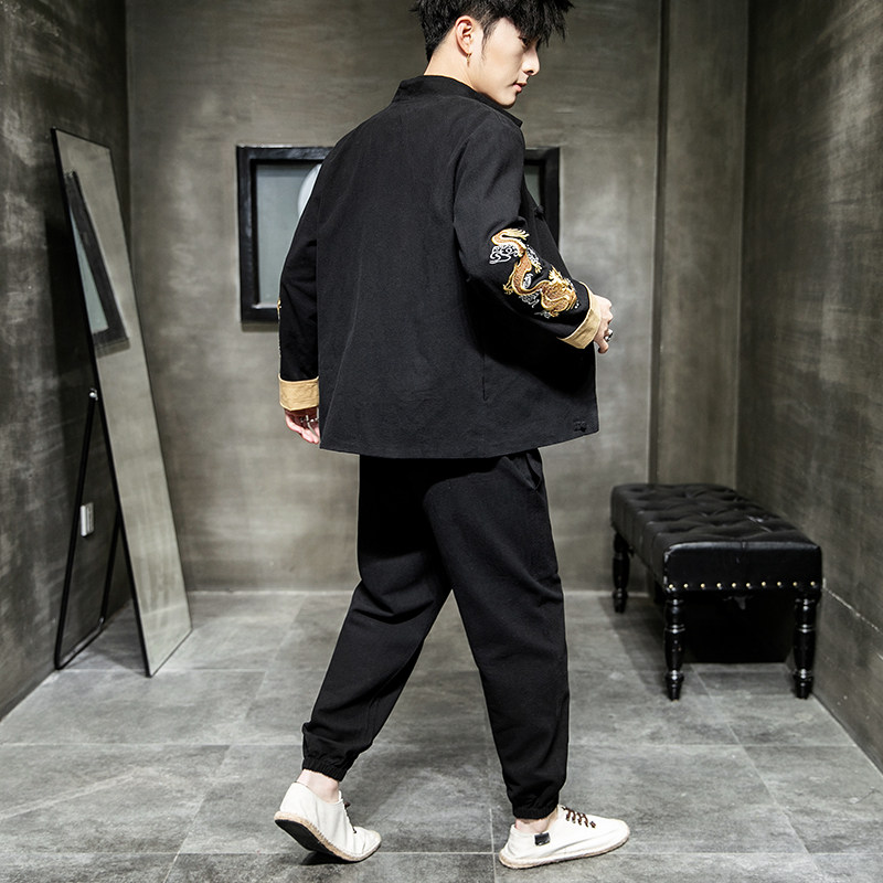 A1019风2021秋冬双臂刺龙棉麻盘扣/唐装/汉服套装,男装休闲套装,钱塘7008(原4008)