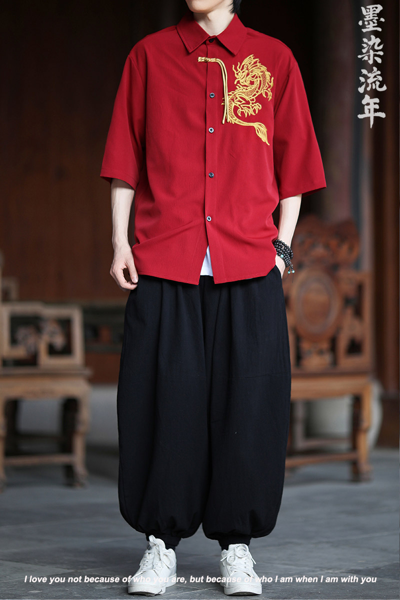 爆3色龙刺绣防皱冰丝夏2025风汉服短袖衬衫/衬衣A818-p68,男装衬衫,钱塘7008(原4008)