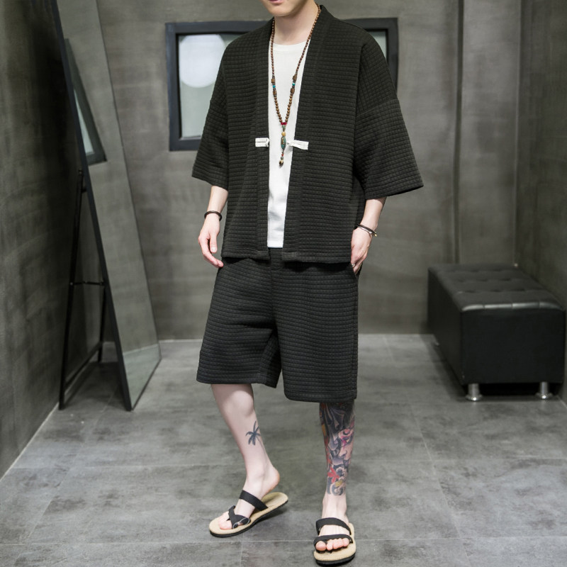 A3026*大码2021中国风新品华夫格爆款开衫汉服套装p85,男装休闲套装,钱塘7008(原4008)