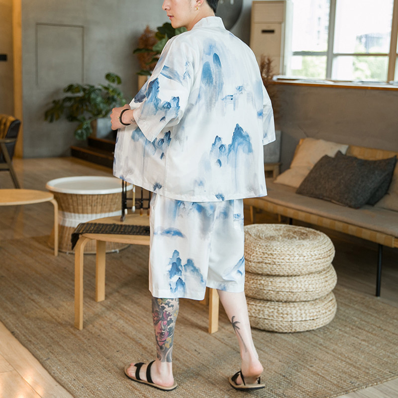 A3021*咖啡厅大码主推2021中国风沙滩休闲冰丝面料汉服套装p80,男装休闲套装,钱塘7008(原4008)