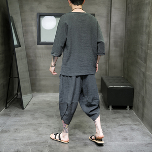 特价风夏季2026 冰丝树皮皱 T恤+七分裤哈伦裤套装A3002-P70图片
