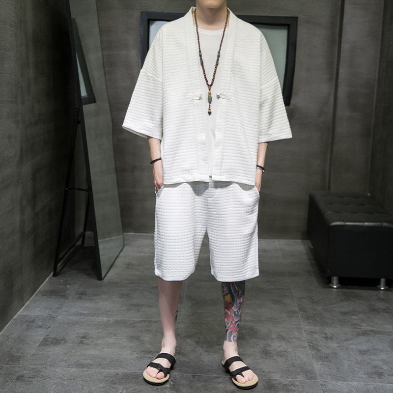 A3026*大码2021中国风华夫格爆款短袖男开衫汉服套装p85,男装休闲套装,钱塘7008(原4008)