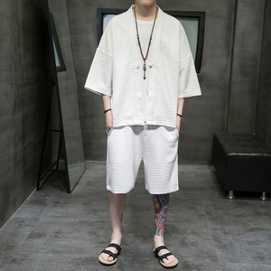 A3026*大码2021中国风 华夫格爆款 短袖男开衫汉服套装p85图片