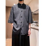 烫金褶皱设计夏季新品2025风汉服短袖衬衫/衬衣A811-p65，男装T恤，钱塘7008(原4008)
