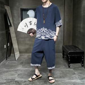 A202*灰墙风中国风2021夏套装 印花T恤+七分裤P85(控价108)图片