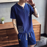 A1077特价2021中国风夏款上善若水刺绣棉麻短袖T恤套装p50，男装休闲套装，钱塘7008(原4008)