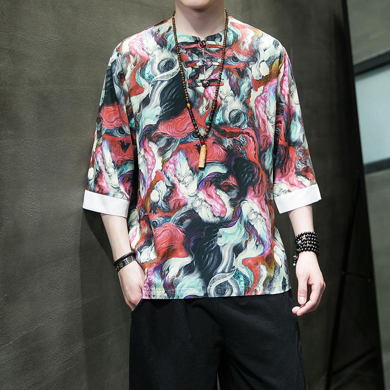 抽象图冰丝大码风夏2025汉服盘扣男短袖T恤特价A883*p45，男装T恤，钱塘7008(原4008)