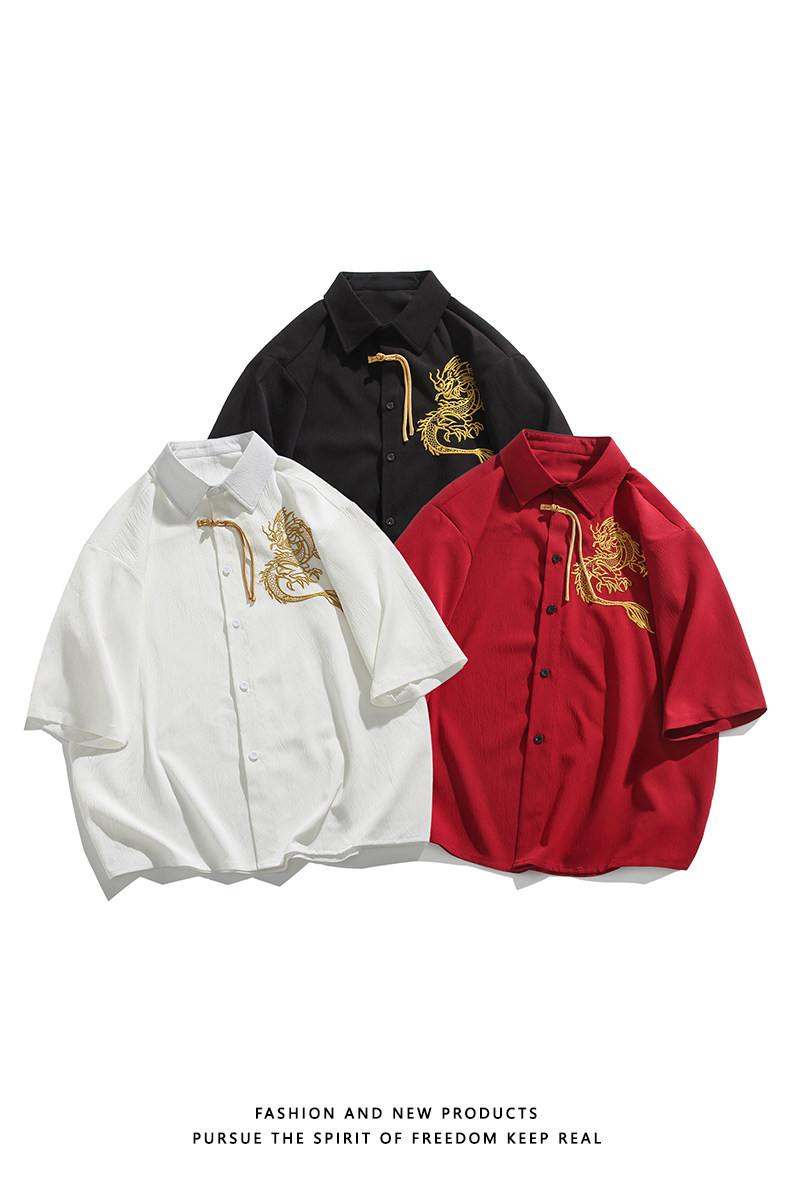 爆3色龙刺绣防皱冰丝夏2025风汉服短袖衬衫/衬衣A818-p68,男装衬衫,钱塘7008(原4008)
