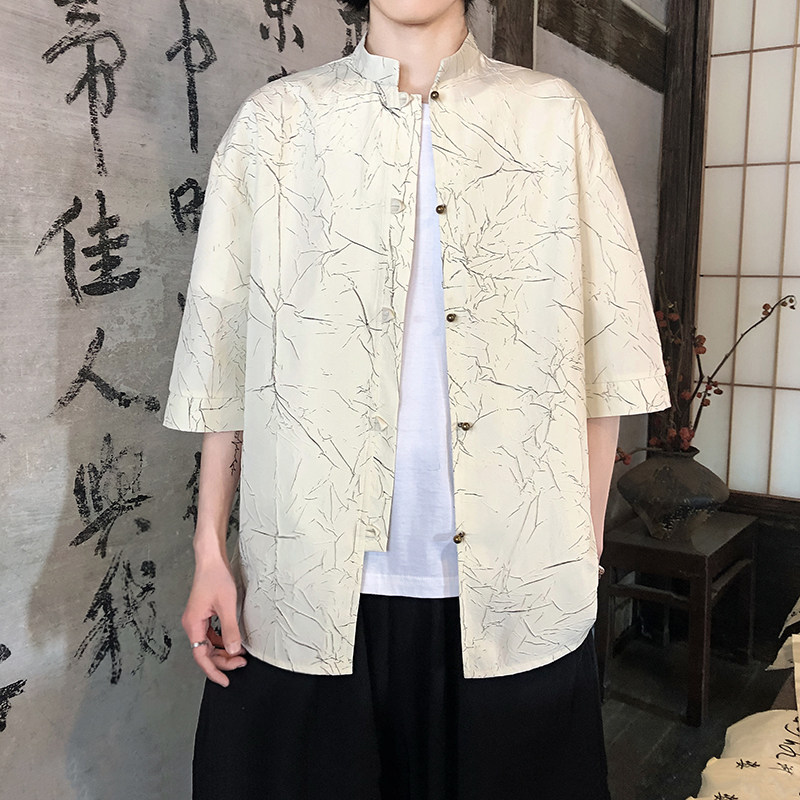 烫金褶皱设计夏季新品2026风汉服短袖衬衫/衬衣A811-p65,男装T恤,钱塘7008(原4008)