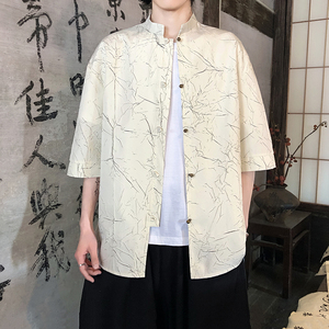 烫金褶皱设计夏季新品2026风汉服短袖衬衫/衬衣A811-p65,浅蓝色阔腿裤搭配黑色短袖图片