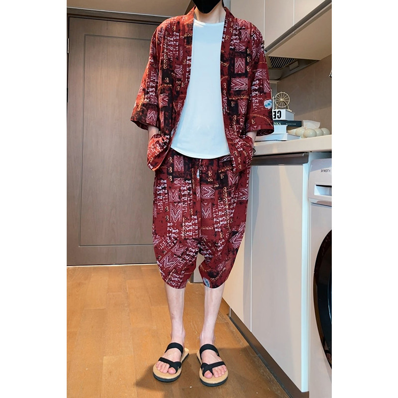 特价风夏2026沙滩休闲棉麻印花开衫套装A3004-p70,男装休闲套装,钱塘7008(原4008)