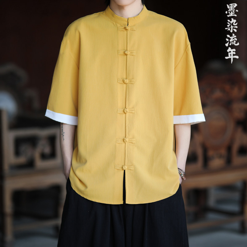 5色夏季2025冰丝抗皱盘扣男短袖衬衫/衬衣A8001*p40,男装T恤,钱塘7008(原4008)