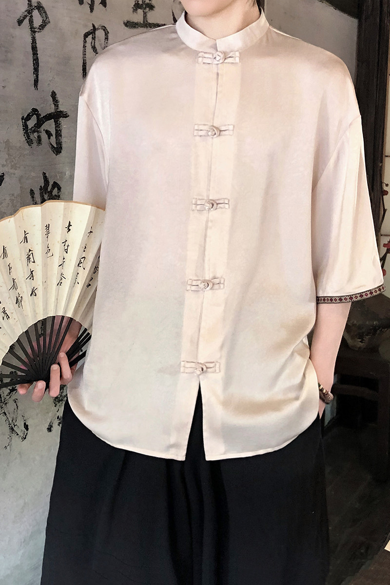 新品夏2026防皱冰丝3色风汉服短袖衬衫/衬衣A670-p60,男装T恤,钱塘7008(原4008)