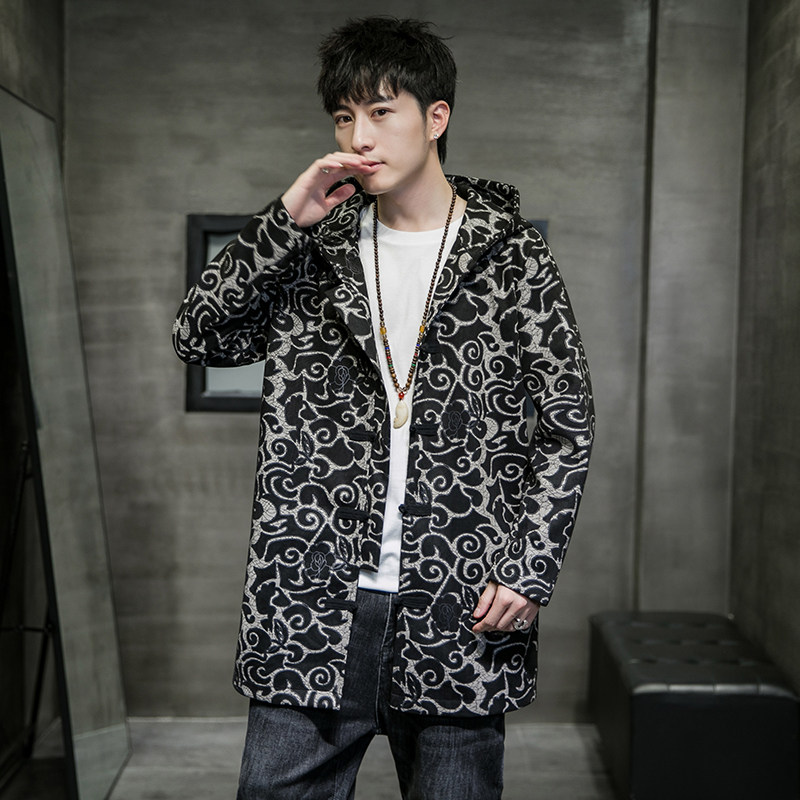A6002风2021大码秋冬提花风连帽中长款风衣,男装风衣,钱塘7008(原4008)