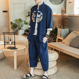 A733*咖啡厅2021大码中国风刺绣款棉麻盘扣汉服套装p105，男装套装，钱塘7008(原4008)