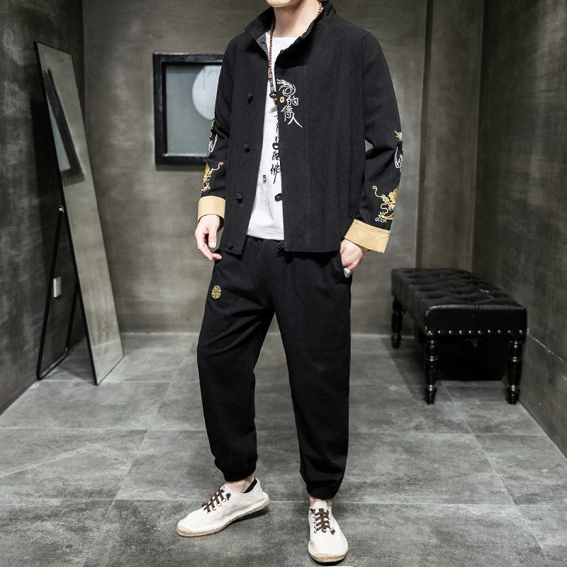 A1019中国风新品2021秋冬双臂刺龙棉麻盘扣/唐装/汉服套装P140,男装休闲套装,钱塘7008(原4008)