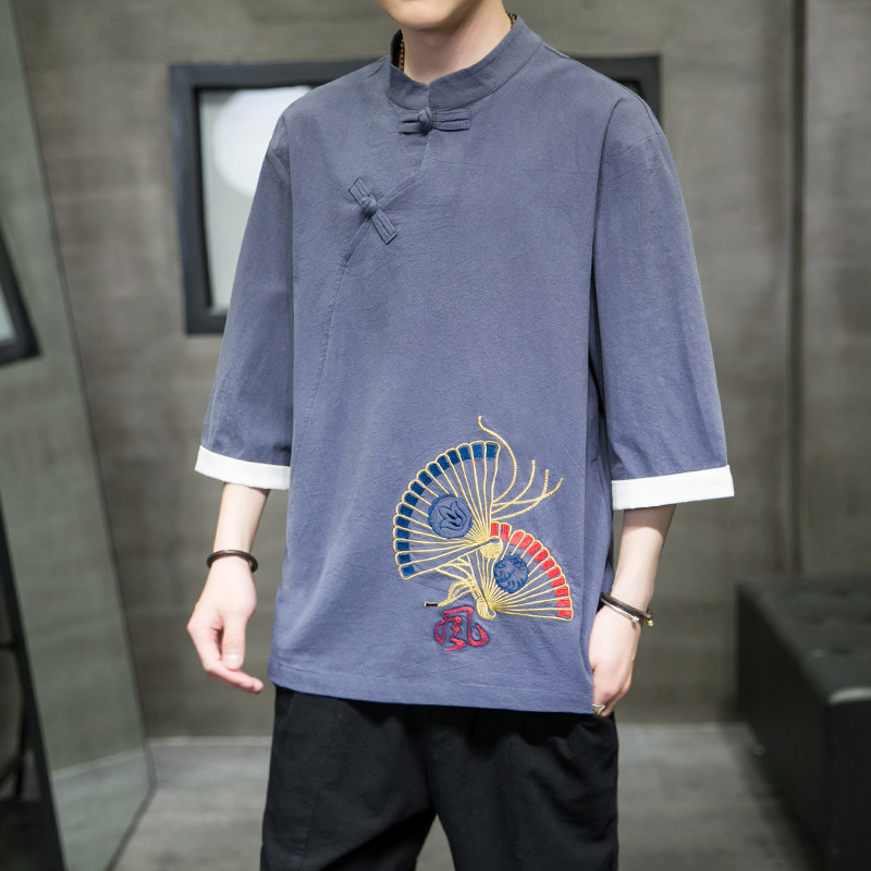 A3015中国风大码2021夏新品 3色 扇子刺绣翻边 宽松短袖T恤p55图片