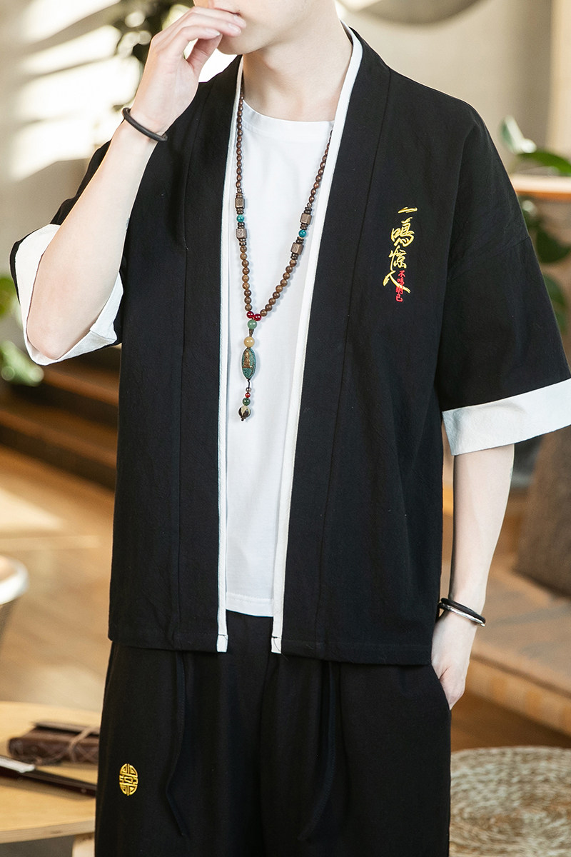 JJ001汉服中国风大码2021棉麻假两件男开衫p40,男装民族服装,钱塘7008(原4008)