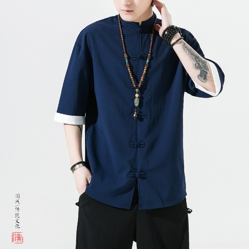 5色夏季2025冰丝抗皱盘扣男短袖衬衫/衬衣A8001*p40,男装T恤,钱塘7008(原4008)