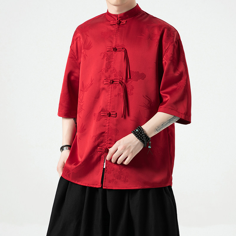 过年大红冰丝竹子夏风2026盘扣短袖汉服衬衫A890-p65,男装T恤,钱塘7008(原4008)