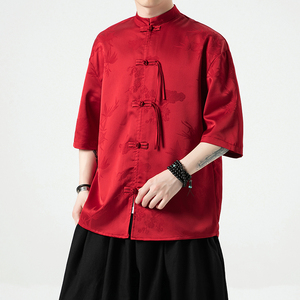 过年大红 冰丝竹子 夏风2026  盘扣 短袖汉服衬衫A890-p65图片