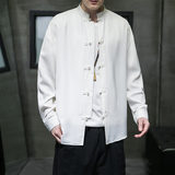 风2026春百搭白色亮面缎纹唐装汉服长袖衬衫A7100*P68，男装衬衫，钱塘7008(原4008)