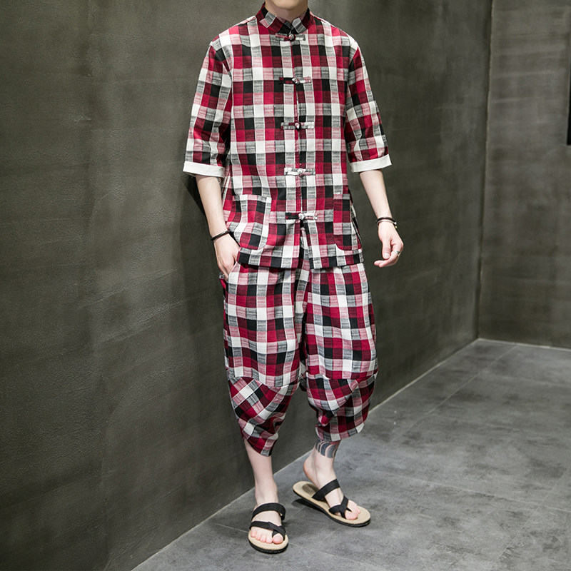 A3025*大码2021中国风 棉麻格子 开衫短袖汉服套装p95图片