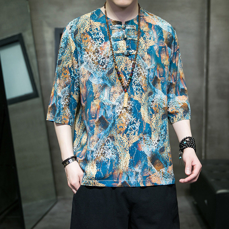 特价A884*冰丝大码风夏2026汉服盘扣男短袖T恤p45,男装T恤,钱塘7008(原4008)
