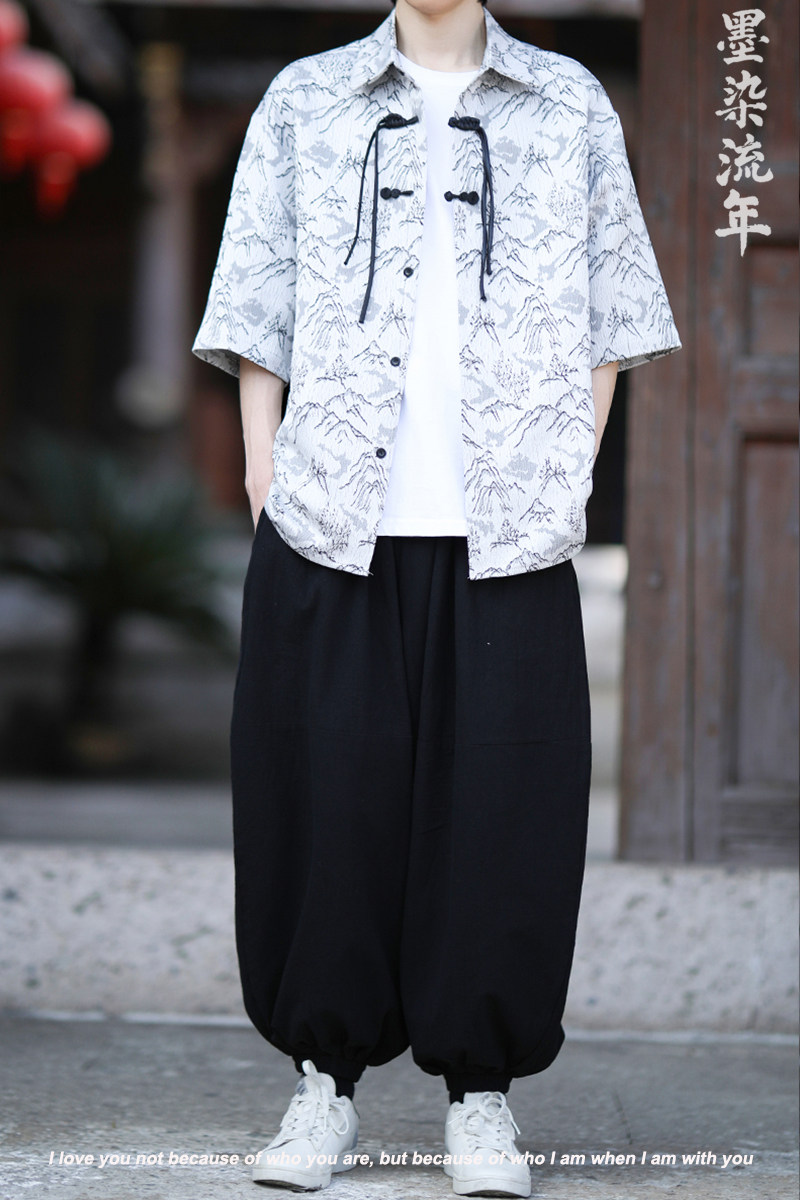 山水提花防皱冰丝夏2025风汉服短袖衬衫/衬衣A819-p65,男装衬衫,钱塘7008(原4008)