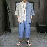 A3017*大码2021中国风对拼色数码冰丝开衫/汉服套装p90，男装休闲套装，钱塘7008(原4008)