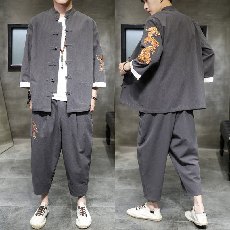 2026夏天新风大龙刺绣款开衫盘扣汉服套装特价A1072-p70，男装休闲套装，钱塘7008(原4008)