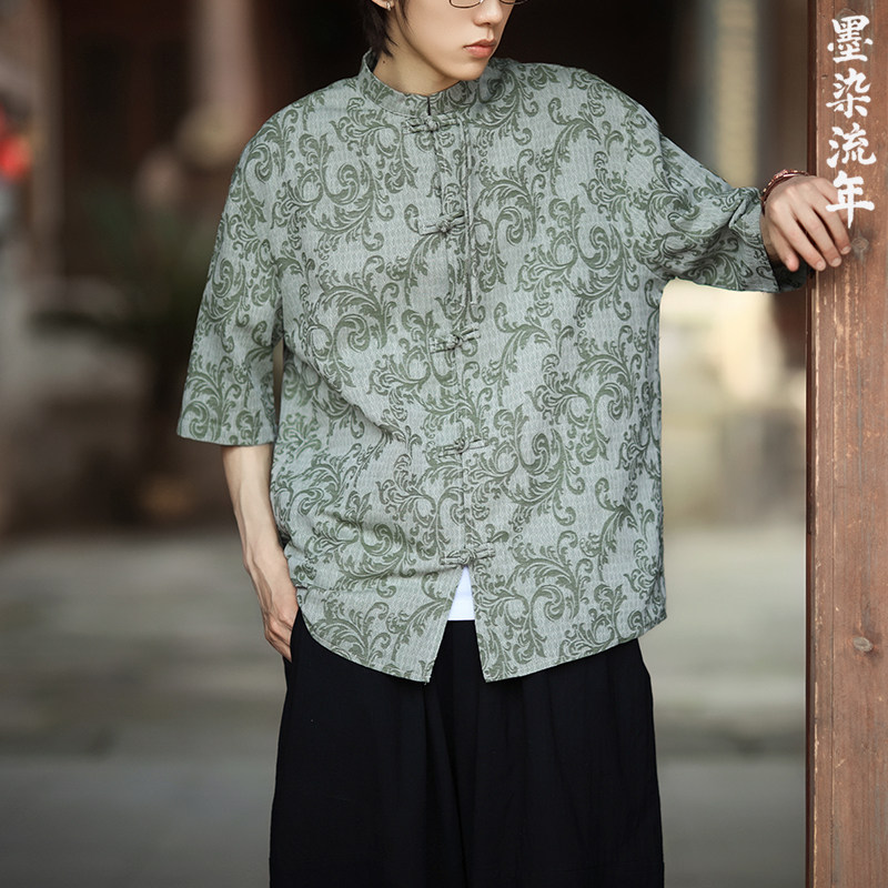 新品夏2025提花3色风汉服短袖衬衫/衬衣A672-p65,男装衬衫,钱塘7008(原4008)
