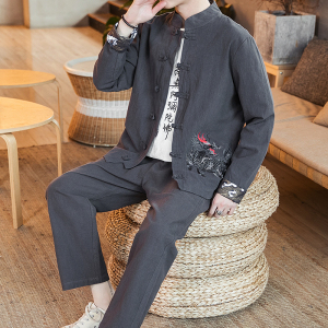 A701风2021 麒麟刺绣款龙 盘扣 棉麻汉服套装图片