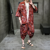 A3004*大码中国风沙滩3色棉麻印花开衫套装汉服套装p80，男装休闲套装，钱塘7008(原4008)