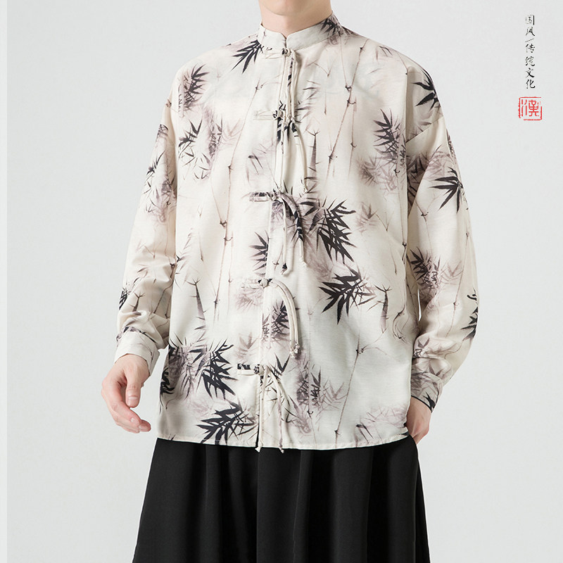 新中式2026春 水墨竹 白底 风    汉服盘扣长袖衬衫A905*P68图片