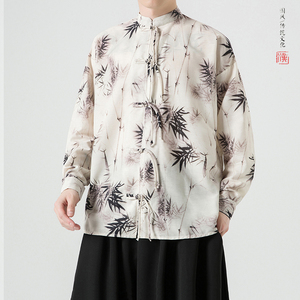 新中式2026春 水墨竹 白底 风    汉服盘扣长袖衬衫A905*P68图片