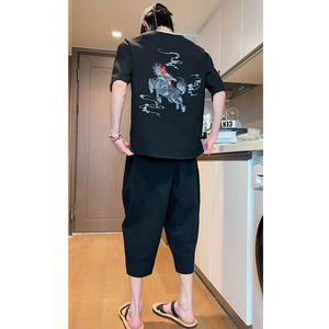 风2026夏 龙刺绣棉麻 T恤+七分裤套装A722-P90图片