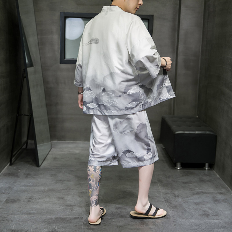 A3005*大码2021中国风沙滩休闲冰丝面料汉服套装p80,男装休闲套装,钱塘7008(原4008)