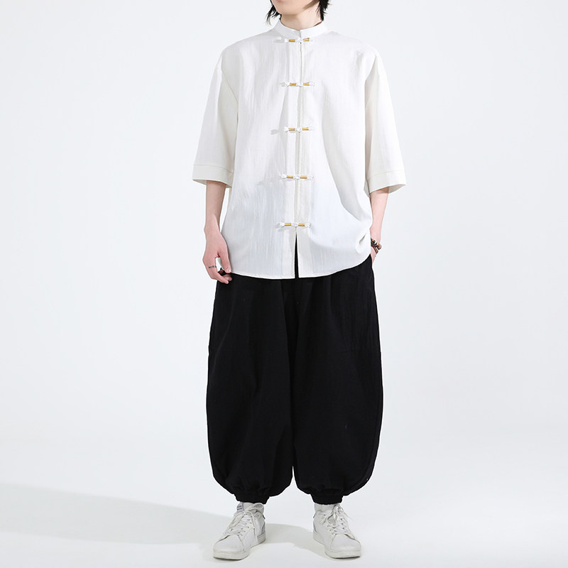 跑量竹节仿麻百搭单色夏2026风汉服短袖衬衫/衬衣A810-p45,男装T恤,钱塘7008(原4008)