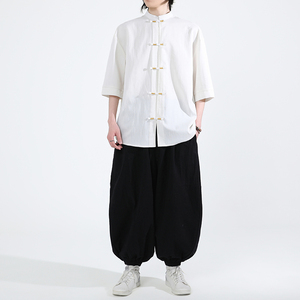 跑量竹节仿麻百搭单色 夏2026 风 汉服短袖衬衫/衬衣A810-p45图片