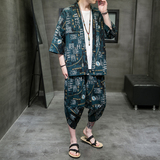 A3004*大码中国风新品沙滩休闲3色棉麻印花开衫汉服套装p80，男装休闲套装，钱塘7008(原4008)