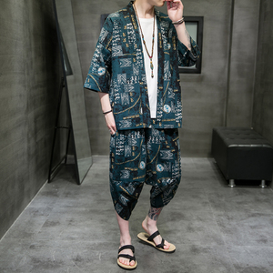 A3004*大码中国风新品 沙滩休闲 3色 棉麻印花 开衫 汉服套装p80图片