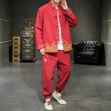 A2029主推中国风2021爆款3色撞色刺绣棉麻汉服套装P125，男装民族服装，钱塘7008(原4008)