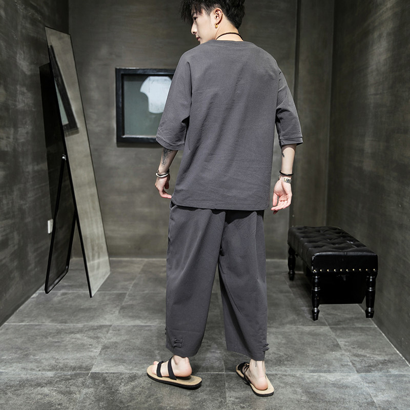 A003*夏款中国风善恶刺绣T恤+七分裤中国单扣套装P90(控价118),男装休闲套装,钱塘7008(原4008)