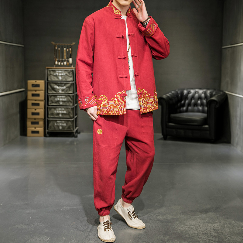 A2029主推中国风2021爆款撞色刺绣棉麻/唐装/汉服套装P125,男装民族服装,钱塘7008(原4008)