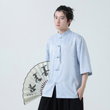 风冰丝面料夏季2025新中式短袖汉服/唐装衬衫A627*p65，男装衬衫，钱塘7008(原4008)
