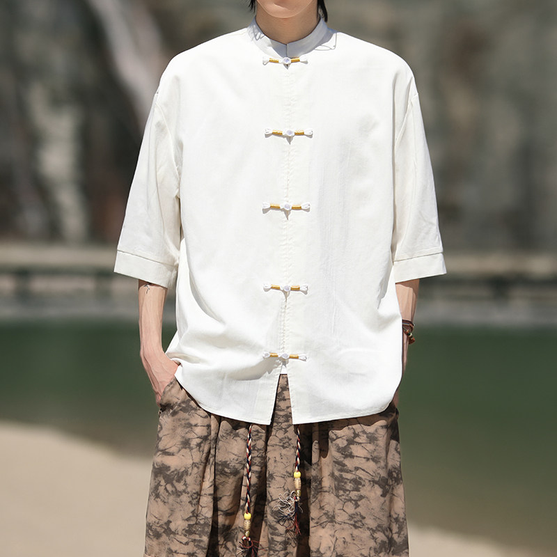跑量竹节仿麻百搭单色 夏2025 风 汉服短袖衬衫/衬衣A810-p45图片
